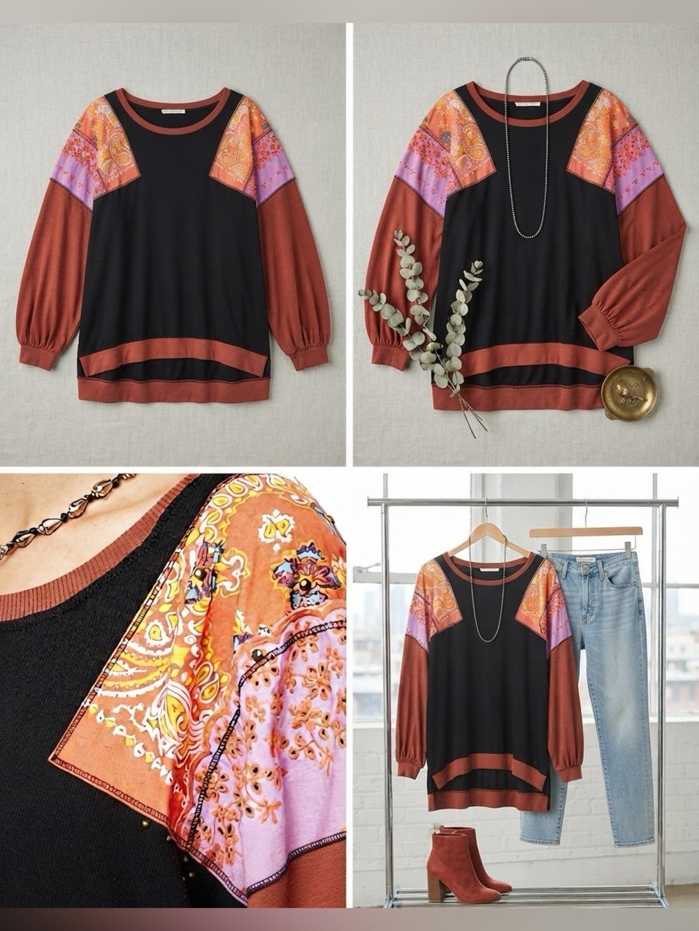 We the Free Feelin It Tee Blouse Womens M Colorblock Stretch Floral 
Oversized